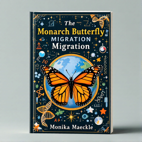 The cover features a vibrant and detailed illustration of a monarch butterfly in flight, with its wings outstretched. The butterfly is positioned at the center of the cover, overlaying a globe that represents the global impact of the monarch butterfly migration. Surrounding the butterfly and globe are various scientific symbols, such as DNA strands, equations, and magnifying glasses, symbolizing the scientific aspect of the book.