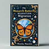 standing book mockup, Its title is "The Monarch Butterfly Migration". Its author name is Monika Maeckle.  The cover features a vibrant and detailed illustration of a monarch butterfly in flight, with its wings outstretched. The butterfly is positioned at the center of the cover, overlaying a globe that represents the global impact of the monarch butterfly migration. Surrounding the butterfly and globe are various scientific symbols, such as DNA strands, equations, and magnifying glasses, symbolizing the scientific aspect of the book. The title "The Monarch Butterfly Migration" is displayed in an elegant and bold font, with the word "Monarch" written in a beautiful script font to add a touch of elegance and sophistication., The title is placed at the top of the cover, spanning the width, while the author name "Monika Maeckle" is placed at the bottom, aligned to the right side.