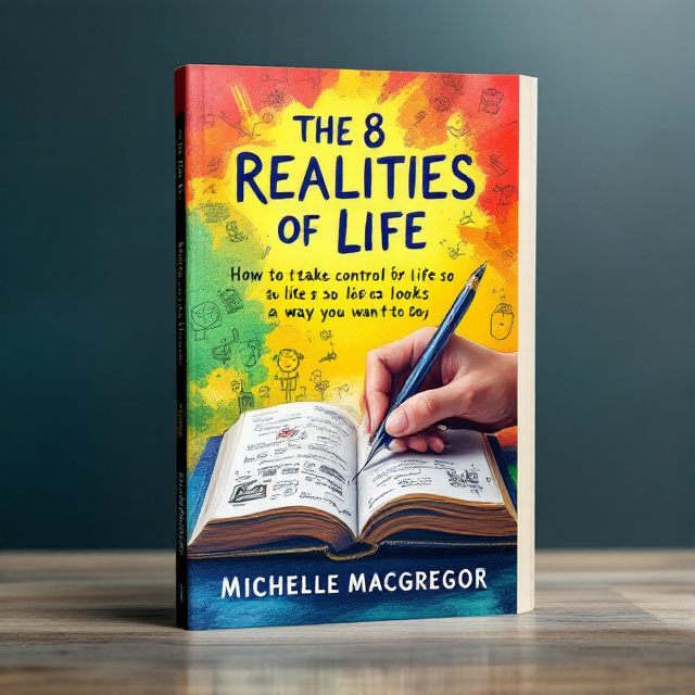 The cover features a close-up image of a person's hand holding a pen, poised above an open book. The book is filled with colorful illustrations and handwritten notes, representing the journey of self-discovery and personal development. The background is a vibrant blend of red, yellow, green, and blue, symbolizing the diverse aspects of life. The title is bold and eye-catching, placed at the top of the cover.