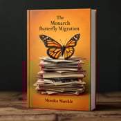 standing book mockup, Its title is "The Monarch Butterfly Migration". Its author name is Monika Maeckle.  A warm orange background with an aged texture. In the center, a monarch butterfly is delicately perched atop a stack of aged black and white photographs and journal pages. The butterfly is slightly off-center, creating a sense of movement and capturing the reader's attention. The photographs and journal pages are arranged in a scattered yet organized manner, giving a glimpse into the personal journey of the memoir. The title "The Monarch Butterfly Migration" is displayed in an elegant serif font, with each word stacked on top of each other. The author's name, Monika Maeckle, is placed below the title in a stylish handwritten script font, adding a personal touch., The title and author's name are centered at the bottom of the cover, allowing the visual elements to take center stage. The placement of the butterfly and photographs/journal pages creates a dynamic composition, drawing the reader's eye from top to bottom.