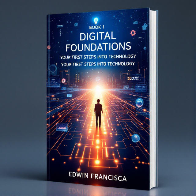 The central imagery of the cover depicts a person standing at the beginning of a glowing digital pathway that stretches into the distance. The pathway resembles a circuit board or a network of interconnected nodes. Abstract elements like floating binary code (0s and 1s), subtle images of gears turning, and translucent screens displaying snippets of code and icons are incorporated in the background. Visual metaphors include a light bulb illuminating above the person and a magnifying glass highlighting parts of the digital pathway.