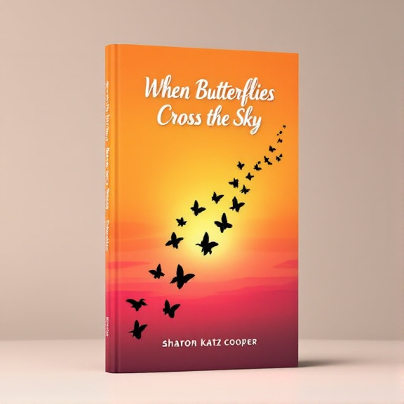 standing book mockup, Its title is "When Butterflies Cross the Sky". Its author name is Sharon Katz Cooper.  A vibrant orange background fading into a gradient of yellow and pink, representing a sunset. A path of bold black silhouettes of butterflies in various sizes, flying from the bottom of the cover towards the horizon. The book title "When Butterflies Cross the Sky" in a clean, modern font, placed at the top center of the cover. The author name "Sharon Katz Cooper" in a smaller, elegant font, located at the bottom right corner., The book title is centered at the top, with the author name aligned to the right bottom corner. The butterfly silhouettes are arranged in a diagonal path from the bottom left to the top right of the cover.