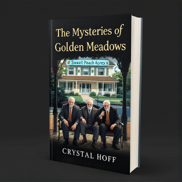The cover features an illustration of three elderly men sitting on a bench outside a nursing home, with a building representing Sweet Peach Acres in the background. The men are depicted as suspicious, hinting at the mysteries they are involved in.