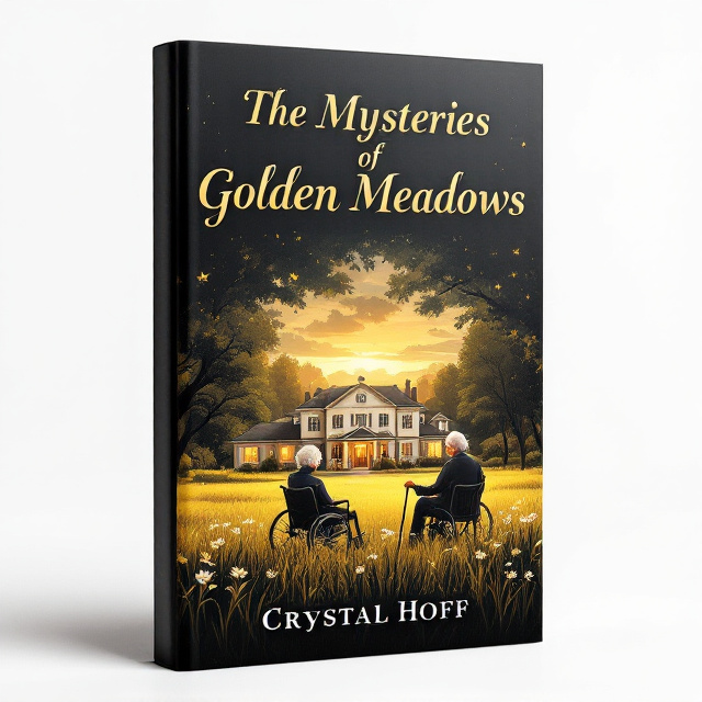 The cover features an illustration of a nursing home surrounded by golden meadows. In the foreground, two elderly characters are depicted, one in a wheelchair and the other using a walking cane, symbolizing the mysteries they are determined to solve. The illustration is in black and gold tones, creating an air of intrigue and elegance.