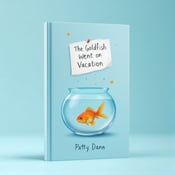 standing book mockup, Its title is "The Goldfish Went on Vacation". Its author name is Patty Dann.  The cover features a central goldfish bowl, positioned slightly to the left of the cover. Inside the bowl, a solitary goldfish swims, representing the protagonist's journey of solitude. Above the bowl, a handwritten note floats delicately, symbolizing the message of the book. The background is a soft blue, creating a calm and serene atmosphere. The book title, "The Goldfish Went on Vacation," is written in a handwritten cursive font, giving it a personal and intimate feel. The author's name, Patty Dann, is displayed in a simple sans-serif font, placed below the title., The elements are arranged to create a balanced composition. The goldfish bowl and handwritten note are the central focus, with the title and author's name placed strategically to not overpower the main elements.