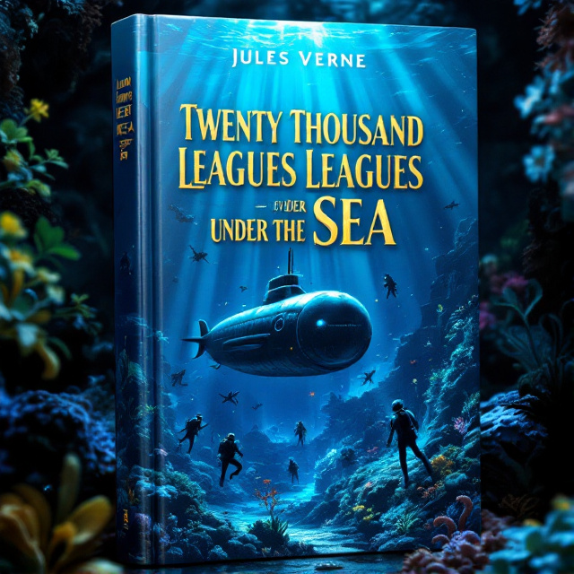 The cover features a vibrant, deep blue underwater scene with the Nautilus submarine sailing through the waters. Divers are exploring the depths, surrounded by exotic sea creatures like octopuses and corals. The scene is filled with wonder and mystery, with rays of sunlight casting an ethereal glow on the underwater landscape.