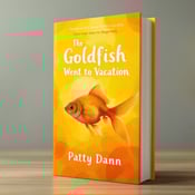standing book mockup, Its title is "The Goldfish Went on Vacation". Its author name is Patty Dann.  The cover features an abstract pattern of warm yellow hues in various shades, creating a sense of energy and empowerment. In the center, a prominent silhouette of a goldfish swimming against the current is positioned, symbolizing the journey and resilience of the subject of the biography. The book title "The Goldfish Went on Vacation" is displayed in bold, uppercase letters using a clean and modern font, with a warm yellow color gradient that complements the overall color scheme. The author's name "Patty Dann" is positioned below the title in a smaller, elegant font., The title and author's name are placed at the top and bottom of the cover respectively, allowing the central visual element to take the spotlight. The silhouette of the goldfish is positioned slightly off-center, creating a dynamic composition.