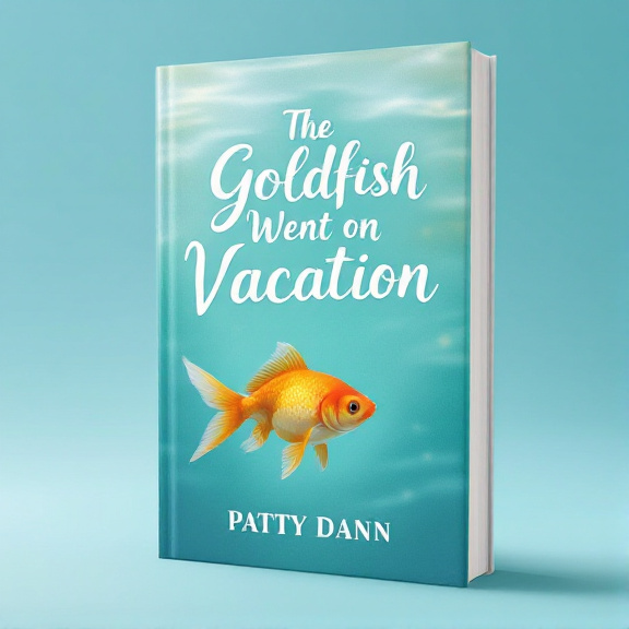 A tranquil turquoise background with gentle water ripples fading into the distance. A golden-hued, serene goldfish swimming gracefully towards the surface.