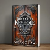 standing book mockup, Its title is "Through the Keyhole". Its author name is Susan C. Law.  The cover features a close-up view of an antique wooden door, with an ornate keyhole in the center. The door has a rich brown color and a worn, vintage texture, creating a sense of history and intrigue. The title "Through the Keyhole" is displayed in decorative typography placed over the door, with the author's name "Susan C. Law" and the subtitle symmetrically arranged around it. The title is in a bold, elegant serif font, emphasizing the historical aspect of the book. The author's name and subtitle are in a slightly smaller, more delicate serif font., The visual elements are centered on the cover, with the door and keyhole taking up the majority of the space. The title, author's name, and subtitle are carefully arranged around the keyhole, creating a balanced and harmonious layout.