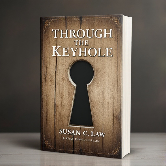 standing book mockup, Its title is "Through the Keyhole". Its author name is Susan C. Law.  The cover features a faded wood background with a prominent worn keyhole in the center. The keyhole is weathered and worn, evoking a sense of history and nostalgia. The sepia color scheme adds to the vintage feel of the design. The title, "Through the Keyhole," is displayed in a classical serif font, with the letters slightly distressed to match the worn aesthetic of the keyhole. The author's name, "Susan C. Law," and the subtitle are also presented in a complementary serif font., The keyhole is positioned in the center of the cover, with the title arranged above it and the author's name and subtitle below. The typography is balanced and neatly aligned with the keyhole.