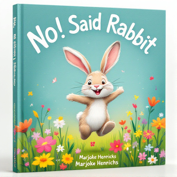 A joyful rabbit is depicted hopping through a vibrant meadow filled with colorful flowers. The rabbit is shown mid-leap, with its ears flying in the air and a big smile on its face. The background is a lush green, representing the meadow, and there are splashes of various vibrant colors from the flowers.