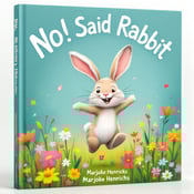 standing book mockup, Its title is "No! Said Rabbit". Its author name is Marjoke Henrichs.  A joyful rabbit is depicted hopping through a vibrant meadow filled with colorful flowers. The rabbit is shown mid-leap, with its ears flying in the air and a big smile on its face. The background is a lush green, representing the meadow, and there are splashes of various vibrant colors from the flowers. The title "No! Said Rabbit" is displayed in playful, whimsical typography, with each word arranged in a slightly curved arch above the rabbit. The font is bold and child-friendly, adding to the fun and energetic vibe of the cover design., The rabbit and the flowers take up the majority of the cover, with the title arched above them. The author's name, Marjoke Henrichs, is displayed at the bottom of the cover in a smaller, simpler font.