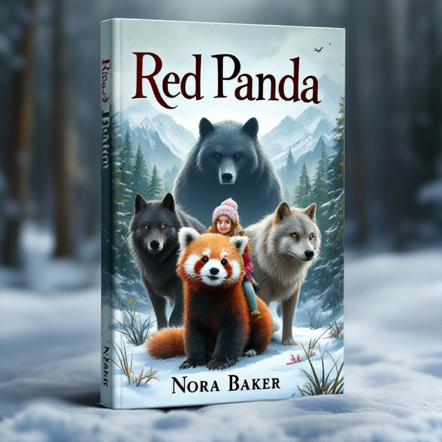 standing book mockup, Its title is "Red Panda". Its author name is Nora Baker.  The cover features a young red panda and a 12-year-old girl riding a fluffy snow cat. They are flanked by a black wolf and a gray wolf. Behind them, there are snow-capped mountains and a snowy forest. In the forest, a large and menacing bear-like silhouette lurks. The book title "Red Panda" is displayed in bold, elegant font, with a touch of whimsy. The author's name, Nora Baker, is written in a smaller, more subtle font beneath the title., The visual elements are arranged in a dynamic and balanced composition, with the red panda and girl placed in the center and the wolves framing them on either side. The mountains and forest provide a scenic backdrop, while the bear-like silhouette adds an element of danger and mystery.