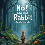 standing book mockup, Its title is "No! Said Rabbit". Its author name is Marjoke Henrichs.  The cover features a brave rabbit standing at the edge of a mysterious forest. The rabbit is depicted with a small backpack, symbolizing adventure. The forest scenery is depicted in the background, with tall trees and lush greenery. The book title "No! Said Rabbit" is integrated into the trees of the forest, giving it a dynamic and immersive feel. The typography is bold and adventurous, using a whimsical font., The rabbit is placed in the center of the cover, drawing attention to the main character. The title is cleverly integrated into the trees, creating a seamless visual flow.