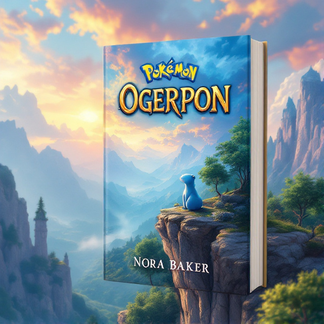 The Pokemon Ogerpon is sitting on a cliff, overlooking a magical landscape with a vibrant sky, lush trees, and towering mountains. The scene is depicted in a realistic and detailed style, capturing the fantastical essence of the book.