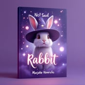 standing book mockup, Its title is "No! Said Rabbit". Its author name is Marjoke Henrichs.  A mystical rabbit with a wizard hat, positioned in the center of the cover, surrounded by floating magical orbs. The background is a blend of purple hues, creating a dreamy and enchanting atmosphere. The title "No! Said Rabbit" is written in a glowing, cursive font with sparkling elements. The author's name, Marjoke Henrichs, is displayed in a clean and elegant font at the bottom of the cover., The visual elements are centered on the cover, creating a balanced composition. The placement of the rabbit and orbs draws the viewer's attention towards the center of the cover. The title and author's name are strategically positioned for clarity and readability.