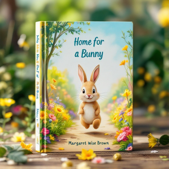 A playful bunny is shown hopping along a vibrant forest path, surrounded by colorful flowers and a clear blue sky. The bunny is depicted with a curious expression, capturing the sense of wonder and adventure found in the book.