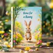 standing book mockup, Its title is "Home for a Bunny". Its author name is Margaret Wise Brown.  A playful bunny is shown hopping along a vibrant forest path, surrounded by colorful flowers and a clear blue sky. The bunny is depicted with a curious expression, capturing the sense of wonder and adventure found in the book. The book title, "Home for a Bunny," is displayed in a whimsical font that complements the playful nature of the cover. The author's name, Margaret Wise Brown, is shown in a more elegant font to add a touch of sophistication., The bunny is positioned in the center of the cover, with the forest path leading the eye towards it. The title and author name are placed above and below the bunny, creating a balanced composition.