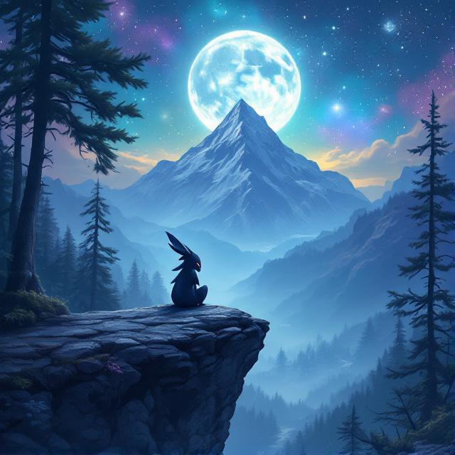 The cover features a breathtaking landscape of a mystical sky filled with stars and a full moon. A majestic mountain range rises in the distance, while towering trees frame the scene. In the foreground, Ogerpon, the Mask Pokemon, sits on a cliff, gazing into the distance.