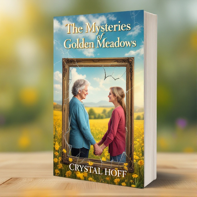 The cover features an illustration of a broken picture frame, symbolizing the mysteries that need to be solved. In the frame, we see an elderly woman holding hands with a younger woman, representing the newfound friendship and support they find in the nursing home. The background showcases a serene meadow, hinting at the golden meadows mentioned in the title.