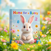 standing book mockup, Its title is "Home for a Bunny". Its author name is Margaret Wise Brown.  The cover features a cute bunny sitting in a sunny meadow, surrounded by vibrant educational elements such as colorful ABC blocks and numbers. The meadow is filled with blooming flowers and lush green grass, creating a warm and inviting atmosphere. The book title "Home for a Bunny" is displayed in a playful and child-friendly font, while the author name "Margaret Wise Brown" is presented in a more elegant and sophisticated style, maintaining a professional touch., The bunny is placed at the center of the cover, with the educational elements arranged around it, creating a balanced and visually pleasing composition. The title and author name are positioned at the top and bottom respectively, ensuring readability.