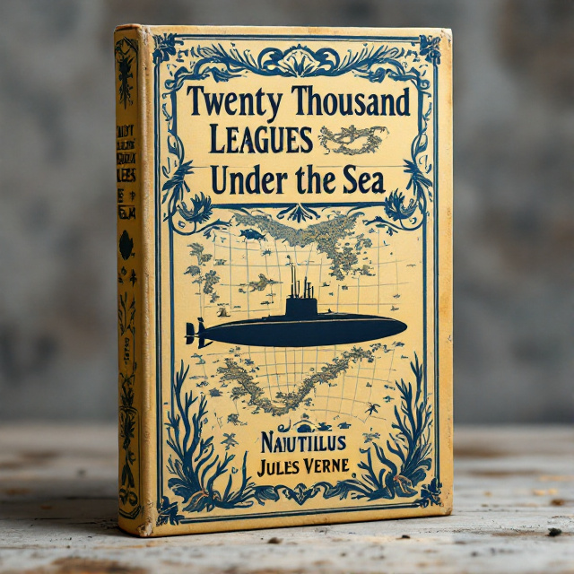 The center of the cover features a silhouette of the submarine, Nautilus, against an old nautical chart. The chart extends to the edges of the cover, bordered by lively illustrations of marine creatures. Vintage decorative borders frame the entire composition.