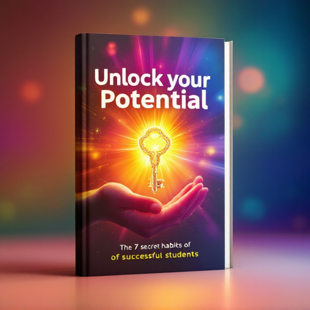 The cover features a close-up image of a student's hand holding a key, symbolizing the unlocking of potential. The key is surrounded by glowing rays of light, representing the seven secret habits. The background is a gradient of vibrant colors, evoking a sense of energy and enthusiasm.