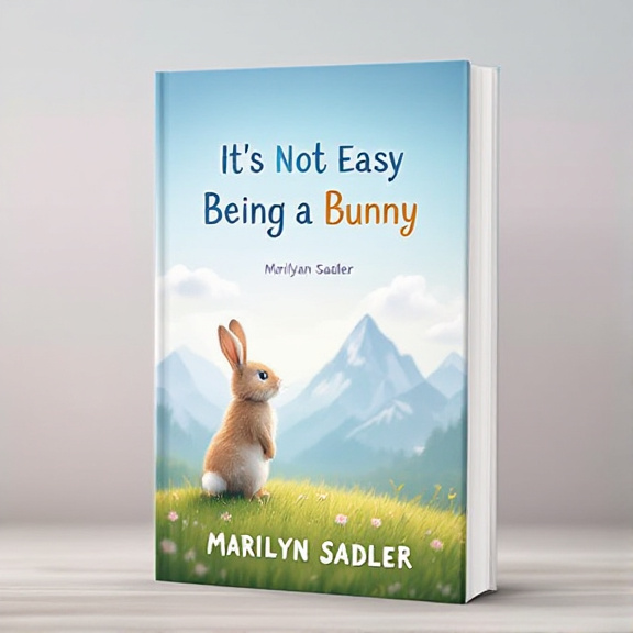 standing book mockup, Its title is "It's Not Easy Being a Bunny". Its author name is Marilyn Sadler.  The cover features a cute rabbit standing on a grassy hill, looking up at distant mountains under a clear sky with fluffy clouds. The book title "It's Not Easy Being a Bunny" is written in a playful and whimsical font, while the author name "Marilyn Sadler" is written in a simple yet elegant font., The rabbit is positioned slightly off-center to create a sense of depth and perspective. The title is placed at the top, allowing the rabbit and mountains to be the main focus of the cover. The author name is placed at the bottom.