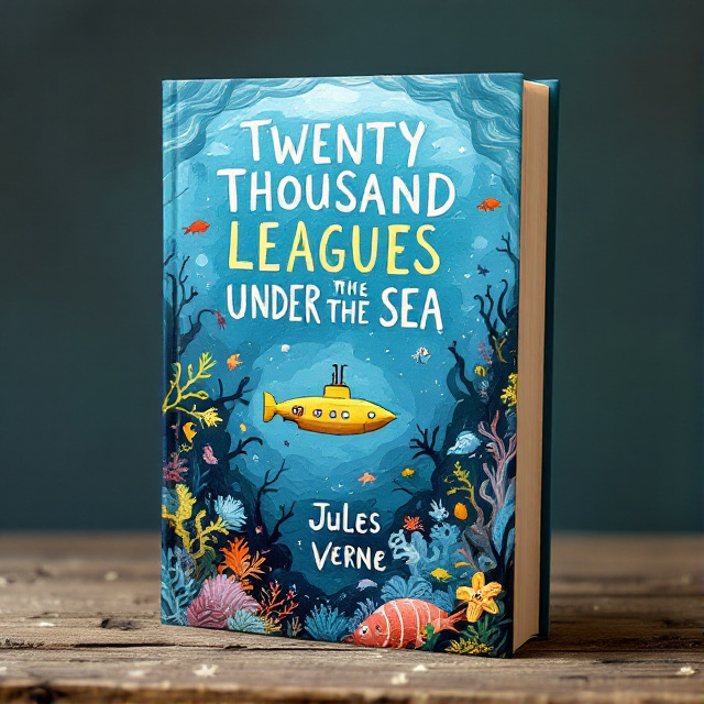 The cover showcases a hand-drawn ocean scene with soft blue waves, a yellow submarine in the center, and various colorful marine creatures surrounding it. The illustration is detailed and lively, capturing the adventurous and fantastical elements of the story.