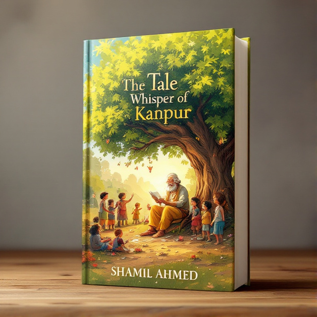An illustration of an old man sitting under a large tree, surrounded by a group of children and a few adults. The old man is animatedly telling tales, with the children captivated by his words. The scene is filled with joy and wholesomeness, with vibrant colors and expressive characters.