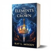 standing book mockup, Its title is "The Elements of the Crown". Its author name is Kay L. Moody.  The cover features a dark blue background with swirling elements of water and fire. In the center, a majestic crown is placed, emanating a mysterious glow. Behind the crown, a shadowy sword lurks, hinting at the presence of danger and power. The title "The Elements of the Crown" is displayed in bold, elegant font, with each word separated by elemental symbols. The author's name, Kay L. Moody, is written in a more stylistic and intricate font, adding to the overall fantasy feel., The title and author's name are centered at the top and bottom of the cover respectively. The visual elements, including the crown, sword, and elemental swirls, are strategically placed to create a balanced and visually appealing composition.