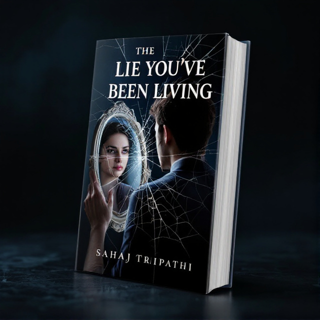 The cover features a close-up image of a person looking into a mirror, with their reflection showing a different version of themselves. The mirror is cracked, symbolizing the lie they have been living. The background is a dark and mysterious color to create intrigue.