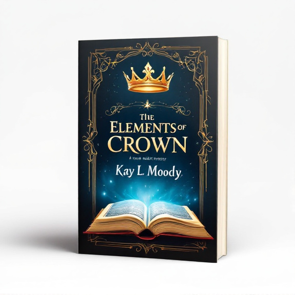 An open spellbook is positioned at the bottom of the cover, with a golden crown hovering above it. The spellbook is adorned with intricate designs and mystical symbols, while the crown represents royalty and power. The academy emblem is placed as a frame around the spellbook and crown, enhancing the sense of belonging to a magical institution.