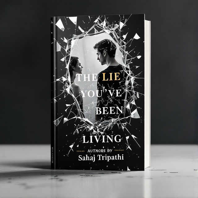 The cover features an abstract image of a person looking into a mirror, with shattered glass fragments surrounding them. The shattered glass represents the lie that the person has been living, while the mirror represents the search for truth and self-reflection. The image is in black and white, with a pop of color on the title text to grab attention.
