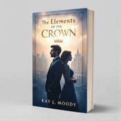 standing book mockup, Its title is "The Elements of the Crown". Its author name is Kay L. Moody.  Two figures are shown standing back to back in the center of the cover. Above them is a glowing crown, symbolizing their connection and shared destiny. The figures are dressed in elegant attire, reflecting the royal setting of the story. In the background, a majestic palace is visible, hinting at the grandeur and power at stake in the book. The book title "The Elements of the Crown" is written in bold, elegant font, with a slight curl to the letters to convey a touch of magic. The author's name, Kay L. Moody, is written in a simpler, more understated font, allowing the focus to be on the title., The title and author name are positioned at the top and bottom of the cover respectively, ensuring they are easily readable. The figures, crown, and palace are arranged in a balanced and visually appealing manner, drawing the viewer's eye to the center of the cover.