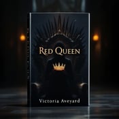 standing book mockup, Its title is "Red Queen". Its author name is Victoria Aveyard.  The cover features a dark and mysterious throne room with dim lighting. In the center stands a shadowy silhouette holding a gleaming golden crown. The silhouette is slightly blurred, adding to the air of intrigue and mystery. The title "Red Queen" is written in an elegant, bold font with a slight gradient effect, emphasizing power and importance. The author's name, Victoria Aveyard, is displayed below in a more delicate script font., The title is placed at the top of the cover, allowing it to stand out against the darker background. The author's name is placed at the bottom, ensuring it is still visible but not distracting from the main image.