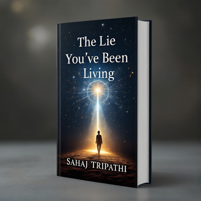 The cover features a dark, deep background symbolizing mystery and illusion. In the center, subtle light emerges, representing enlightenment and the revelation of truth. Faint, ethereal symbols of spirituality, such as a divine figure or aura, celestial patterns, or wisps of light representing the soul, are incorporated. An abstract silhouette of a person walking towards the light is added to convey a journey of discovery.