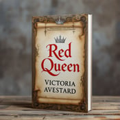 standing book mockup, Its title is "Red Queen". Its author name is Victoria Aveyard.  A regal and ancient scroll unfurls diagonally across the cover, with intricate details and patterns. Atop the scroll rests a silver crown, exuding elegance and grandeur. The background is a muted, textured image of an ancient castle, adding to the historical ambiance. The book title "Red Queen" is written in a bold, sophisticated font, with the word "Red" in a vibrant red color to contrast with the silver elements. The author name "Victoria Aveyard" is displayed in a sleek and elegant font beneath the title., The scroll and crown are positioned diagonally across the cover, with the scroll starting from the bottom left corner and extending towards the top right corner. The title and author name are placed below the scroll, aligned to the right side of the cover.