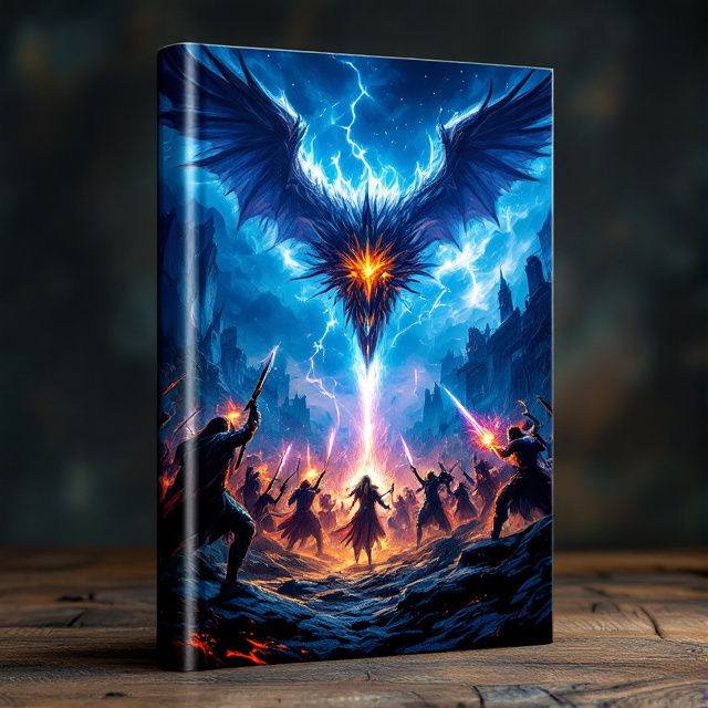 The cover features a stunning illustration of a fierce and epic fantasy war scene. The foreground shows warriors with magical weapons engaged in battle, while in the background, a mythical creature soars through the sky. The color palette is dark and intense, with vibrant pops of magic and energy.