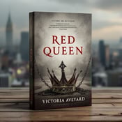 standing book mockup, Its title is "Red Queen". Its author name is Victoria Aveyard.  The cover features a cityscape in the background, capturing the dystopian setting of the book. In the foreground, a broken crown is placed, symbolizing rebellion and the disintegration of power. Chains intertwine with the crown, representing the oppression and struggle present in the story. The title "Red Queen" is displayed prominently in bold, red lettering. The author's name, Victoria Aveyard, is placed below in a smaller, elegant font., The cityscape occupies the upper half of the cover, while the broken crown and chains take up the lower half. The title is centered above the cityscape, with the author's name aligned at the bottom right corner.