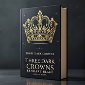 standing book mockup, Its title is "Three Dark Crowns". Its author name is Kendare Blake.  A large, central golden crown adorned with glistening jewels, positioned slightly off-center against a dark, starry background. The crown stands out as the main focal point, drawing attention to its regal and powerful presence. The book title "Three Dark Crowns" is displayed in an elegant and bold serif font, positioned below the crown. The author's name, Kendare Blake, is written in a sleek and modern sans-serif font, placed at the bottom of the cover., The crown and typography are positioned vertically on the cover, with the title below the crown and the author's name at the bottom. The layout is clean and balanced, allowing the crown to take center stage while still providing legible text.