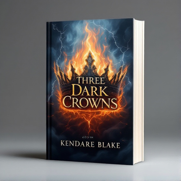 The cover features a large, flaming crown at the center, surrounded by swirling shadows that create an aura of danger and suspense. Occasional flashes of lightning illuminate the scene, adding to the sense of magic and intrigue.