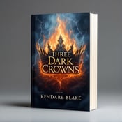 standing book mockup, Its title is "Three Dark Crowns". Its author name is Kendare Blake.  The cover features a large, flaming crown at the center, surrounded by swirling shadows that create an aura of danger and suspense. Occasional flashes of lightning illuminate the scene, adding to the sense of magic and intrigue. The title "Three Dark Crowns" is displayed in bold, Gothic font, with each word stacked on top of the other. The author's name, Kendare Blake, is written in a more elegant, cursive style font, placed below the title., The title and author's name are aligned to the left side of the cover, allowing the visual elements to take center stage. The placement of the typography creates a balanced and visually appealing composition.