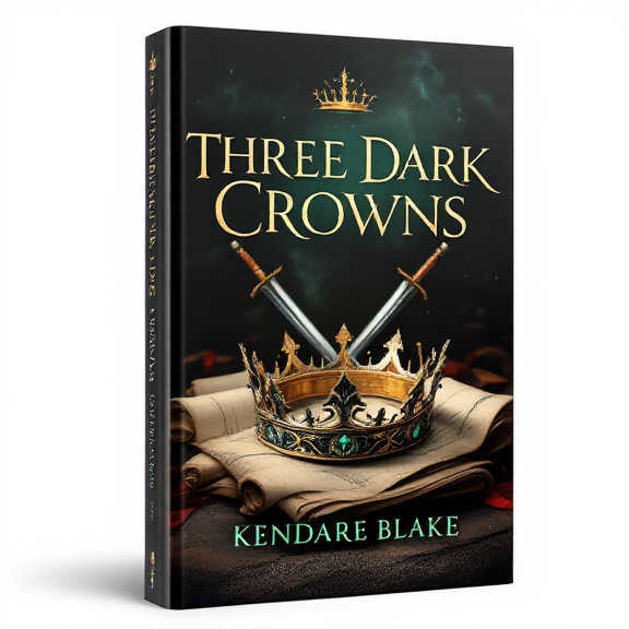standing book mockup, Its title is "Three Dark Crowns". Its author name is Kendare Blake.  An ancient crown is placed at the center of the cover, resting on old scrolls. Crossed swords are seen in the background, symbolizing conflict. The overall composition is elegant and regal. The book title, "Three Dark Crowns," is written in an elegant, serif font in emerald green color, which complements the primary color preference. The author's name, Kendare Blake, is displayed in a smaller, stylized font at the bottom of the cover., The visual elements are placed in a balanced manner, with the crown as the focal point. The title is positioned at the top of the cover, while the author's name is placed at the bottom.