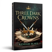 standing book mockup, Its title is "Three Dark Crowns". Its author name is Kendare Blake.  An ancient crown is placed at the center of the cover, resting on old scrolls. Crossed swords are seen in the background, symbolizing conflict. The overall composition is elegant and regal. The book title, "Three Dark Crowns," is written in an elegant, serif font in emerald green color, which complements the primary color preference. The author's name, Kendare Blake, is displayed in a smaller, stylized font at the bottom of the cover., The visual elements are placed in a balanced manner, with the crown as the focal point. The title is positioned at the top of the cover, while the author's name is placed at the bottom.