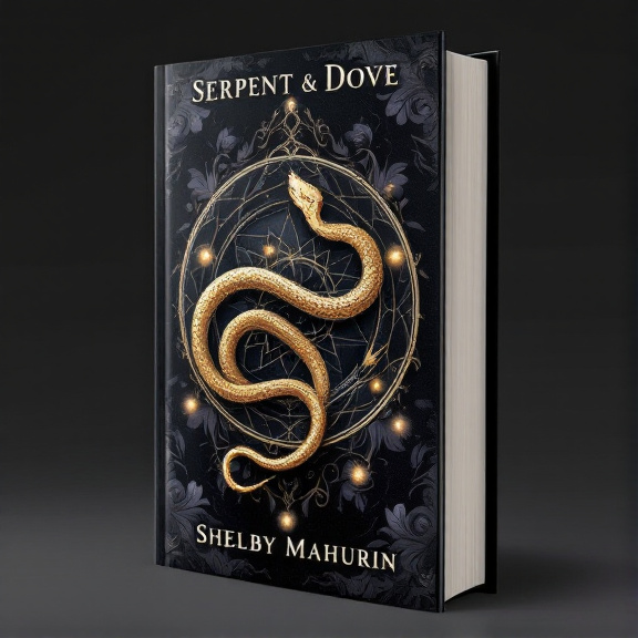 A coiled gold snake wrapping around a circular emblem at the center of the cover. The emblem is adorned with dark floral motifs and features glowing orbs in the background. The snake and emblem are set against a black background.