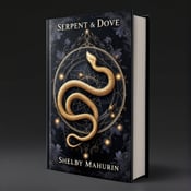 standing book mockup, Its title is "Serpent & Dove". Its author name is Shelby Mahurin.  A coiled gold snake wrapping around a circular emblem at the center of the cover. The emblem is adorned with dark floral motifs and features glowing orbs in the background. The snake and emblem are set against a black background. The book title, "Serpent & Dove," is written in an elegant and slightly mystical font that complements the overall theme of the cover. The author's name, Shelby Mahurin, is shown in a simpler, bold font at the bottom of the cover., The snake and emblem occupy the central part of the cover, with the book title placed above them and the author's name below. The dark floral motifs are spread throughout the background, adding depth and intrigue to the overall composition.