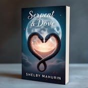 standing book mockup, Its title is "Serpent & Dove". Its author name is Shelby Mahurin.  Two intertwining snakes forming a heart shape against a moonlit sky, with subtle red accents. The snakes will be depicted in a realistic style, capturing both their elegance and danger. The moonlit sky will have a dreamy and mysterious quality, creating a sense of romance. The book title "Serpent & Dove" will be written in an elegant and bold font, with a slight slant to convey the passion and intensity of the story. The author's name, Shelby Mahurin, will be in a smaller and more delicate font placed below the title., The snakes forming the heart shape will be prominently placed in the center of the cover, with the moonlit sky as the background. The title will be positioned above the snakes, spanning across the width of the cover. The author's name will be aligned to the right of the title, in a smaller size and vertically oriented.