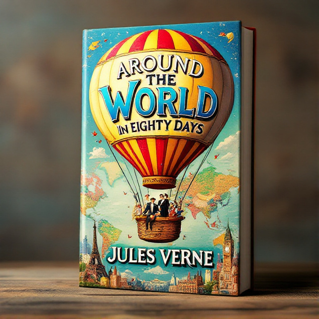 The cover features a vibrant hot air balloon in the center, with Phileas Fogg and his companions standing in the basket. The hot air balloon is flying above a colorful world map, with landmarks from different countries, such as the Eiffel Tower and Big Ben, appearing around the edges of the map.