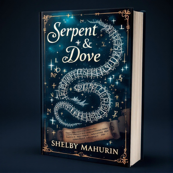 standing book mockup, Its title is "Serpent & Dove". Its author name is Shelby Mahurin.  A shadowy snake silhouette overlaid with ancient runes, with faded scrolls beneath it. The snake is positioned diagonally across the cover, starting from the bottom left corner and extending towards the top right corner. The runes are intricately designed and appear to be glowing. The scrolls are partially unfurled and have faded text visible on them. The book title, "Serpent & Dove," is displayed in an elegant and slightly curved font at the top center of the cover. The author name, "Shelby Mahurin," is placed at the bottom right corner in a bold and slightly distressed font., The visual elements are centered on a deep blue background, giving a sense of mystery and magic. The snake and runes are the main focus, while the scrolls add depth and historical context.